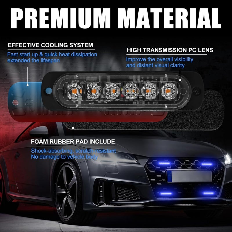 XTAUTO 10pcs LED Emergency Strobe Light, Blue 6-LED Ultra Slim Surface Mount Flashing Warning Beacon Hazard Construction Caution Grille Light Bar for Truck Car Off Road Vehicles - Image 3